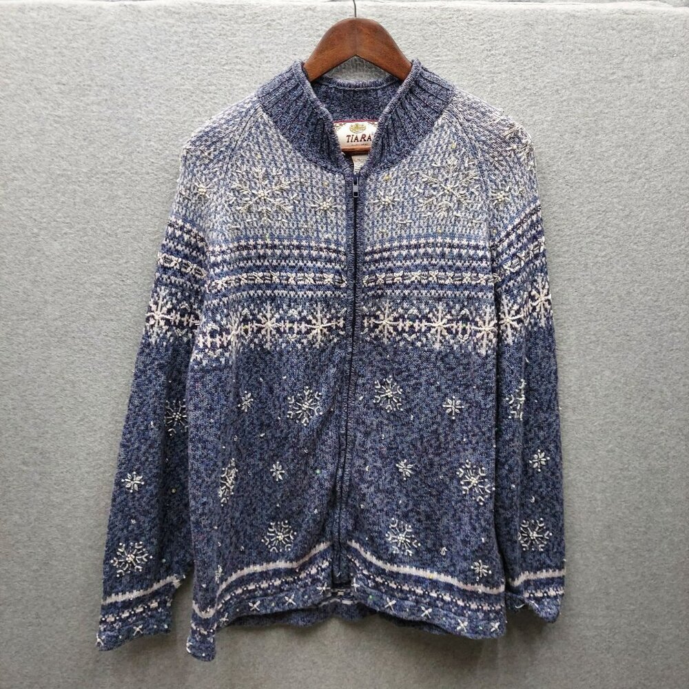 VTGTiara Womens Blue Snowflake Knit Cardigan Sweater Size 18/20 Ramie & Cotton B
